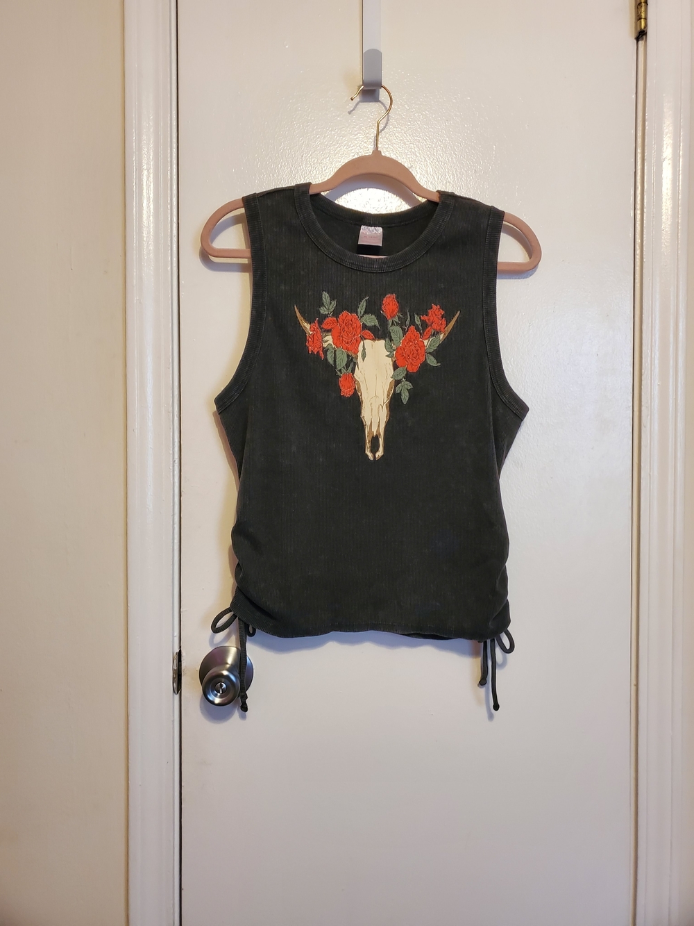 No Boundaries Grey Sleeveless Tank with Floral Bull Skull Graphic